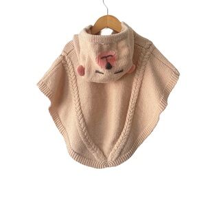 Roots Kids Cream Knit Poncho Pullover Bear Hood